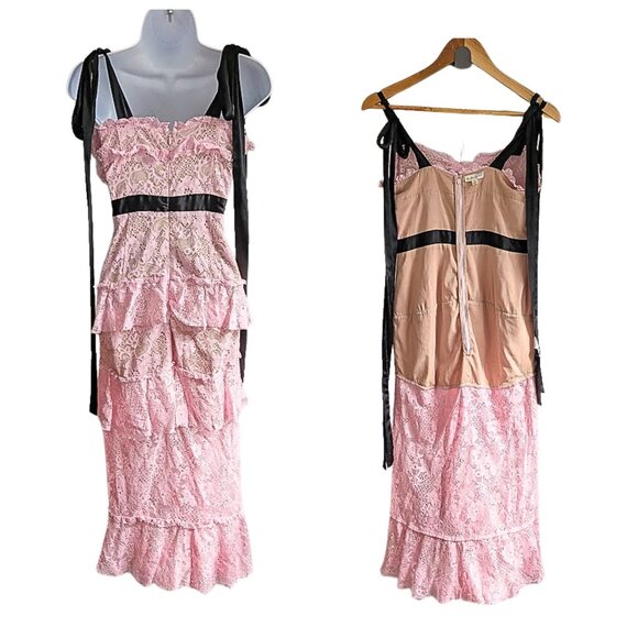 FOR LOVE AND LEMONS Iris CD1848 Pink Black Lace Hi Low Midi Dress Sz M - Picture 2 of 6